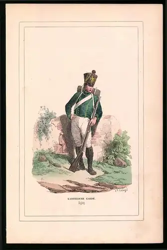 Holzstich Kaiserliche Garde, Zögling in Uniform, altkolorierter Holzstich von Bellange um 1843, 16 x 24cm
