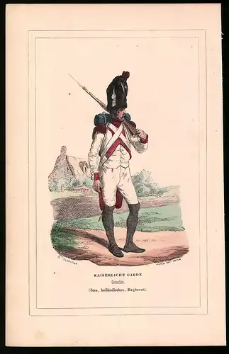 Holzstich Kaiserliche Garde, Grenadière, 3. holländisches Regiment, altkolorierter Holzstich von Bellange um 1843