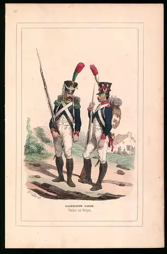 Holzstich Kaiserliche Garde, Tirailleur und Voltigeur in Uniform, altkolorierter Holzstich von Bellange um 1843