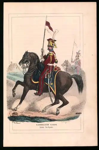 Holzstich Kaiserliche Garde, Lanciers mit Fahne des 2. Regiments, altkolorierter Holzstich von Bellange um 1843