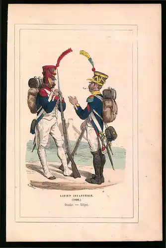 Holzstich Linien Infanterie 1808, Grenadier und Voltigeur in Uniform, altkolorierter Holzstich von Bellange um 1843