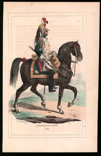 Holzstich Kaiserliche Garde, Dragoner in Uniform, altkolorierter Holzstich von Bellange um 1843, 16 x 24cm