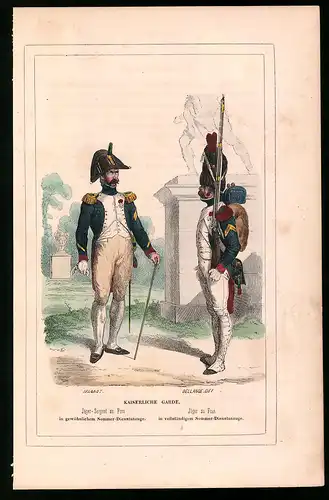 Holzstich Kaiserliche Garde, Sergent und Jäger im Sommer-Dienstanzug, altkolorierter Holzstich von Bellange um 1843