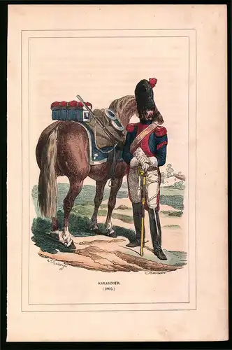 Holzstich Karabinier in Uniform 1805, altkolorierter Holzstich von Bellange um 1843, 16 x 24cm