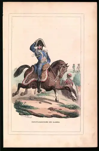 Holzstich Ordonnanzoffizier des Kaisers in blauer Uniform, altkolorierter Holzstich von Bellange um 1843, 16 x 24cm