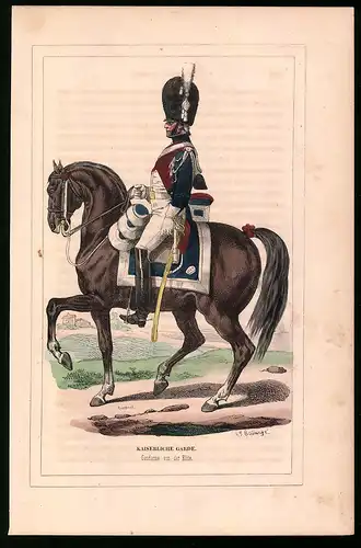 Holzstich Kaiserliche Garde, Gendarme von der Elite, altkolorierter Holzstich von Bellange um 1843, 16 x 24cm