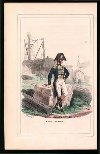 Holzstich Kapitän der Marine vor dem Schiff, altkolorierter Holzstich von Bellange um 1843, 16 x 24cm