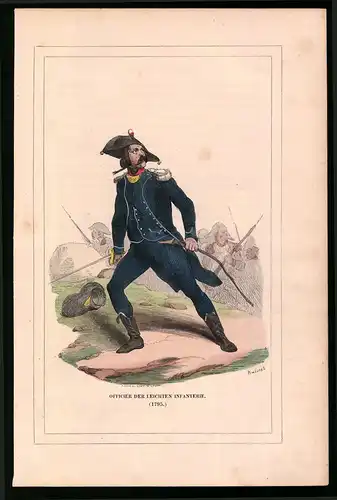 Holzstich Offizier der leichten Infanterie in Uniform 1795, altkolorierter Holzstich von Bellange um 1843, 16 x 24cm