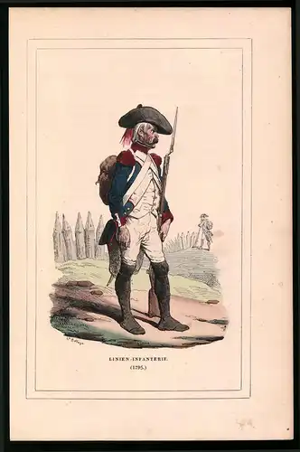 Holzstich Linien Infanterie in Uniform 1795, altkolorierter Holzstich von Bellange um 1843, 16 x 24cm