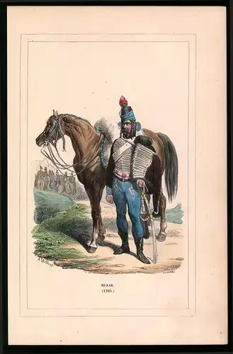 Holzstich Husar in Uniform mit Pferd 1795, altkolorierter Holzstich von Bellange um 1843, 16 x 24cm