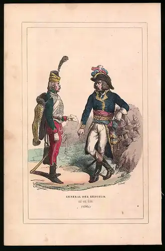 Holzstich General der Republik und sein Guide 1795, altkolorierter Holzstich von Bellange um 1843, 16 x 24cm