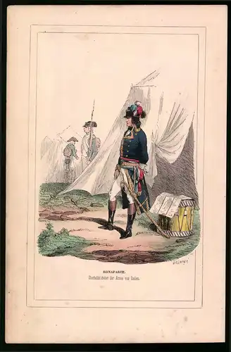 Holzstich Bonaparte, Oberbefehlshaber der Armee von Italien, altkolorierter Holzstich von Bellange um 1843, 16 x 24cm