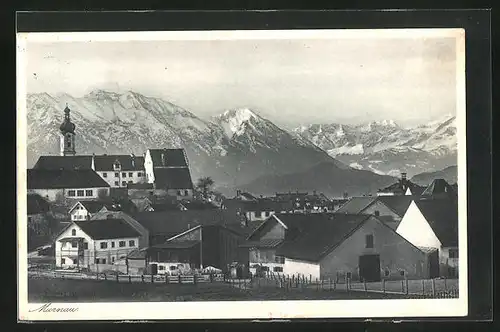 AK Murnau, Ortspartie mit Bergpanorama