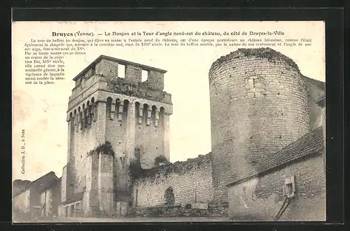 AK Druyes, Le Donjon et la Tour d`angle nord-est du château du côté de Druyes-la-Ville