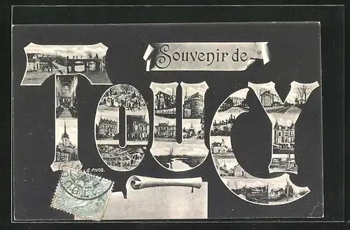 AK Toucy, Schriftzug als Fotomontage mit Brücke, Innenansicht Kirche und Gebäudeansicht