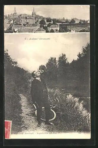 AK Avallon, Totalansicht, Mann mit Fahrrad trinkt am Fluss
