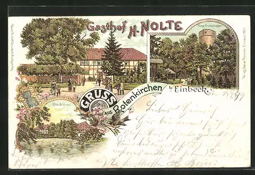 Lithographie Rotenkirchen b. Einbeck, Gasthof H. Nolte, Burg Grubenhagen
