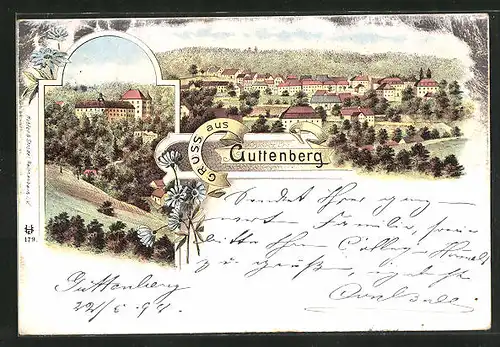 Lithographie Guttenberg, Ortsansicht, Blick zum Schloss