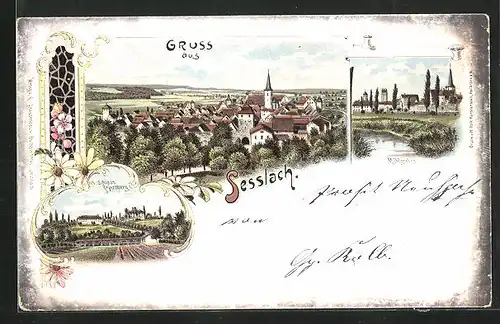Lithographie Sesslach, Schloss Geyersberg, Mühlgraben, Ortsansicht