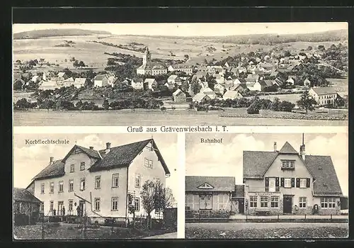 AK Grävenwiesbach i. T., Bahnhof, Korbflechtschule, Ortsansicht aus der Vogelschau