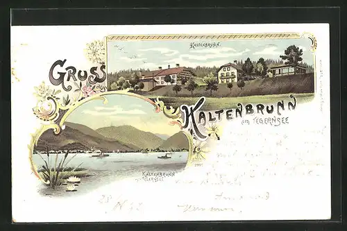 Lithographie Kaltenbrunn am Tegernsee, Ortsansicht mit Dampfer auf dem Tegernsee