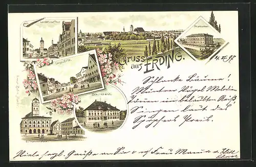 Lithographie Erding, Bezirksamt, Schrannenplatz, Lange Zeile