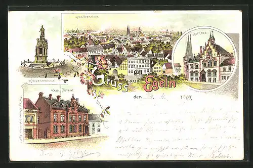 Lithographie Egeln, Kaiserliches Postamt an der Strasse, Rathaus, Kriegerdenkmal