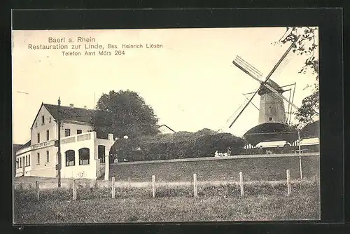 AK Baerl a. Rhein, Restaurant Zur Linde mit Windmühle