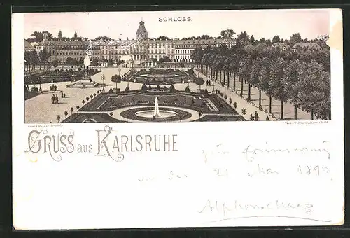 Vorläufer-Lithographie Karlsruhe, 1893, Schloss aus der Vogelschau