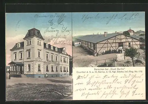 AK Kamenz, Baracken bei Stadt Berlin, Quartier d. 9. u. 10. Komp. d. 13. Kgl. Sächs. Inf.-Reg. No. 178