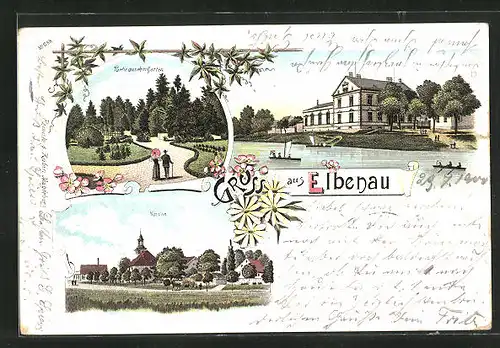 Lithographie Elbenau, Elbe mit Segelbooten und Gebäude, Partie aus dem Garten, Kirche