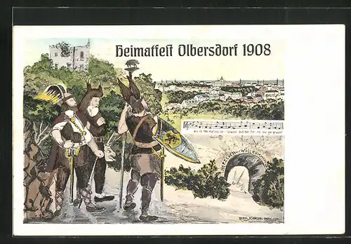 AK Olbersdorf, Ortsansicht mit Germanischen-Kriegern 1908