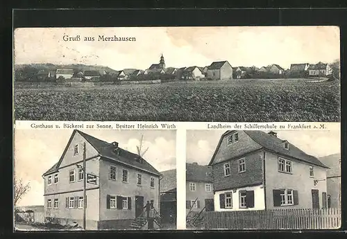 AK Merzhausen / Taunus, Gasthaus u. Bäckerei Zur Sonne, Landheim der Schillerschule zu Frankfurt a. M., Panorama