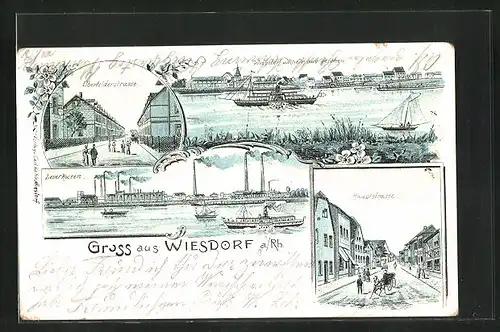 Lithographie Wiesdorf / Rhein, Elberfelderstrasse mit Passanten, Ortsansicht mit Dampfer, Hauptstrasse