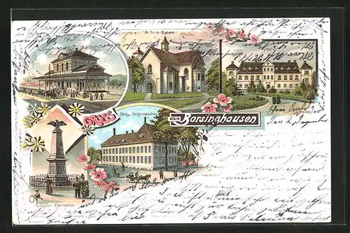 Lithographie Barsinghausen, Bahnhof mit Dampflok, Kirche, Kloster