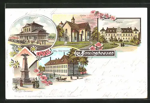Lithographie Barsinghausen, Bahnhof mit Dampflok, Kloster, Königl. Berginspection