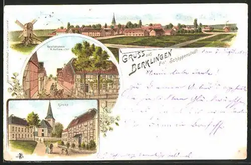 Lithographie Berklingen, Geschäftshaus H. Hoffmeister, Kirche, Panorama, Windmühle