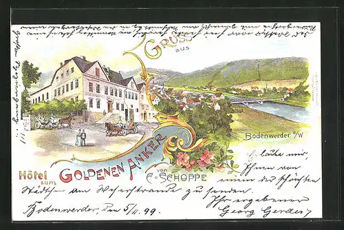 Lithographie Bodenwerder a. W., Hotel Zum goldenen Anker, Ortsansicht mit Brücke