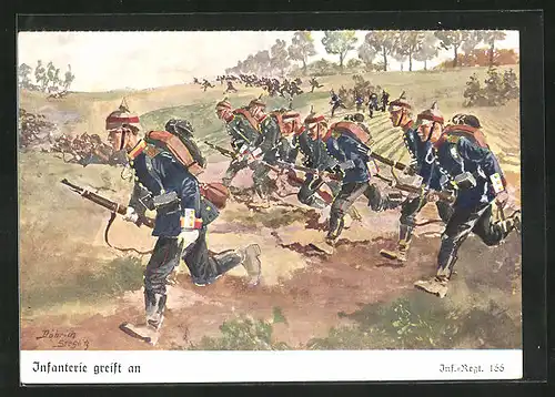 Künstler-AK Döbrich-Steglitz: Infanterie greift an, Inf.-Rgt. 166