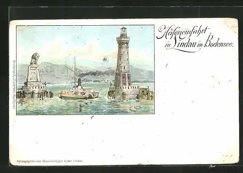 Lithographie Lindau im Bodensee, Hafeneinfahrt, Leuchtturm