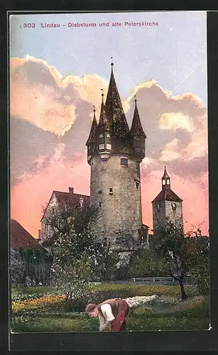 Künstler-AK Lindau, Diebsturm und alte Peterskirche