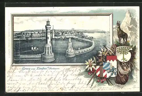 Passepartout-Lithographie Lindau a /Bodensee, Teilansicht & Leuchtturm mit Wappen
