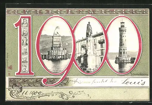 AK Lindau, Denkmäler und Leuchtturm in Jahreszahl1900