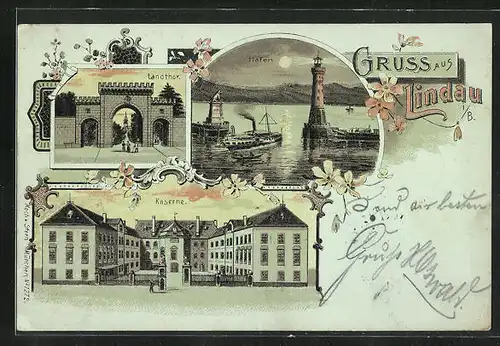 Mondschein-Lithographie Lindau i /B., Kaserne, Hafen mit Leuchtturm, Landtor