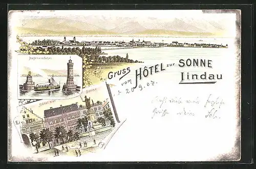Lithographie Lindau, Hôtel zur Sonne, Hafeneinfahrt, Teilansicht
