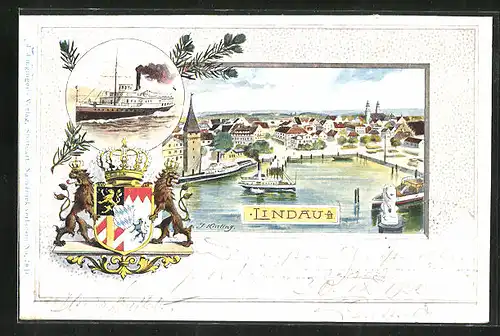 Passepartout-Lithographie Lindau a. B., Teilansicht, Dampfer in Fahrt, Wappen