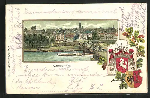 Passepartout-Lithographie Minden i. W., Ortsansicht, Weserbrücke, Wappen