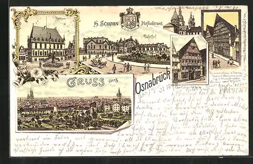 Lithographie Osnabrück, Gasthaus zur Walhalla, Rathaus
