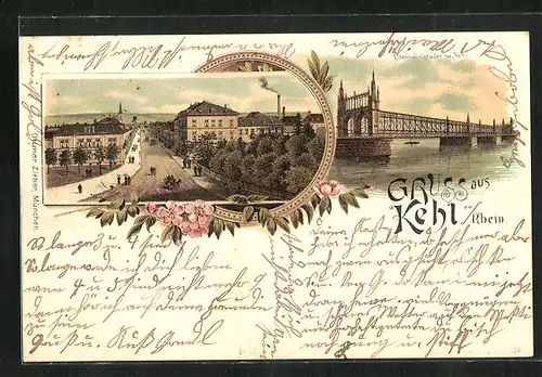 Lithographie Kehl /Rhein, Ortsansicht, Eisenbahnbrücke