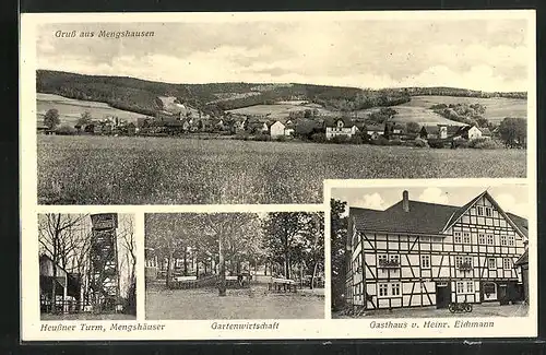 AK Mengshausen, Gasthaus Heinrich Eichmann, Heussner Turm, Ortspartie